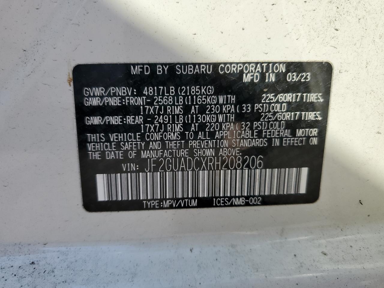 2024 SUBARU CROSSTREK PREMIUM VIN:JF2GUADCXRH208206