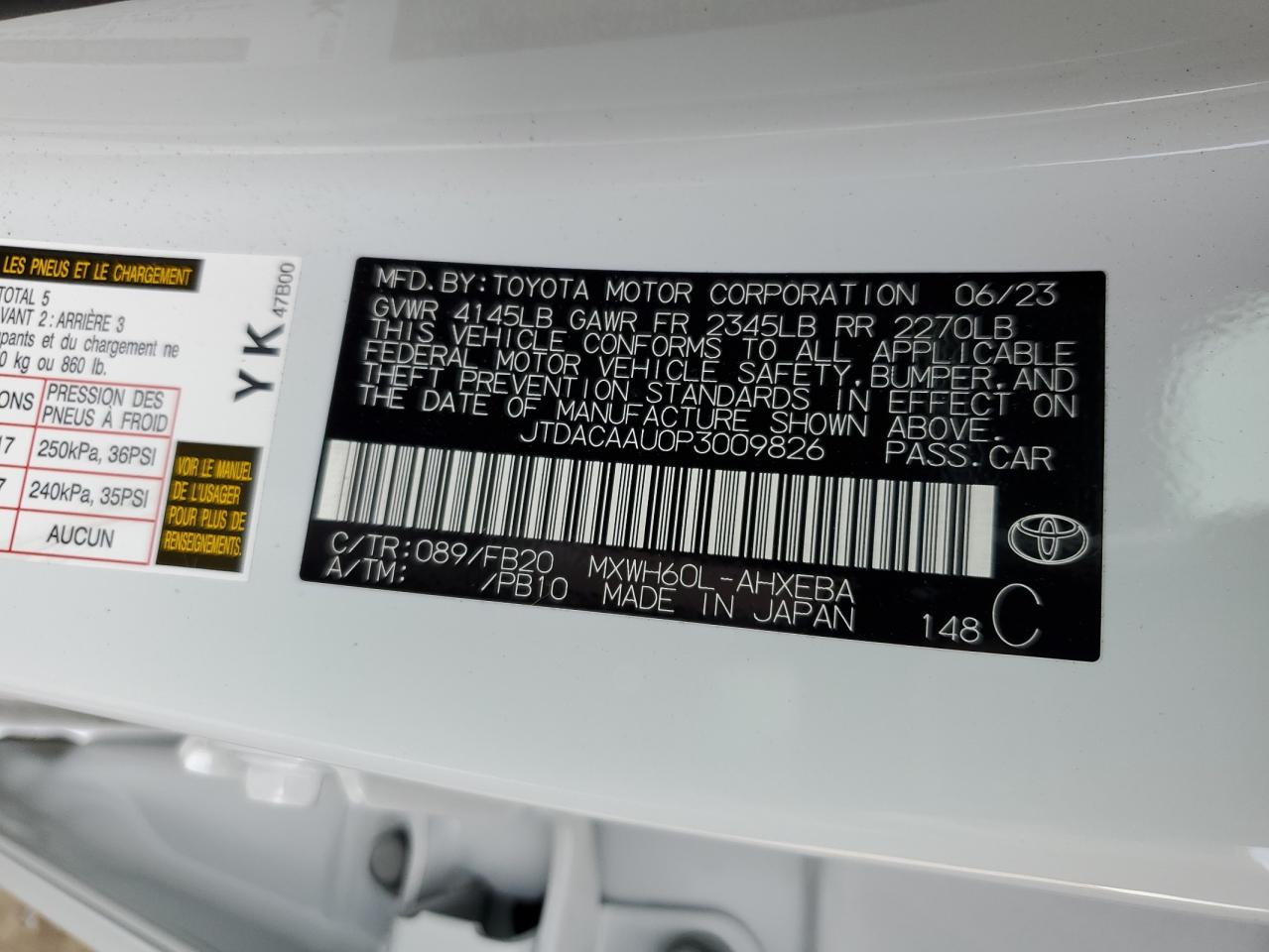 2023 TOYOTA PRIUS LE VIN:JTDACAAU0P3009826