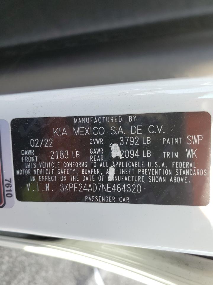 2022 KIA FORTE FE VIN:3KPF24AD7NE464320