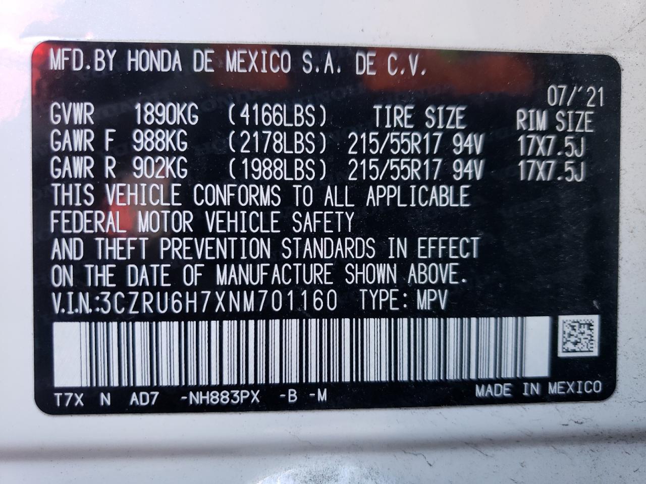 2022 HONDA HR-V EXL VIN:3CZRU6H7XNM701160