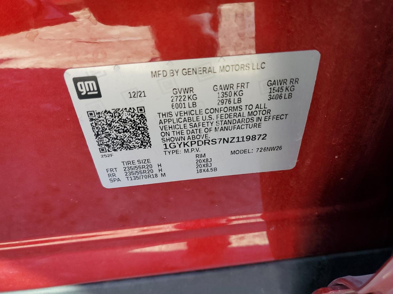 2022 CADILLAC XT6 PREMIUM LUXURY VIN:1GYKPDRS7NZ119872