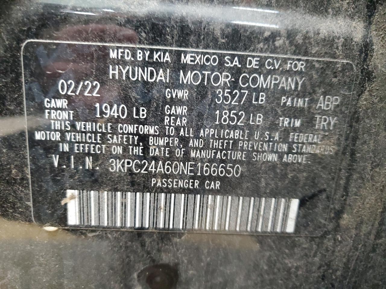 2022 HYUNDAI ACCENT SE VIN:3KPC24A60NE166650