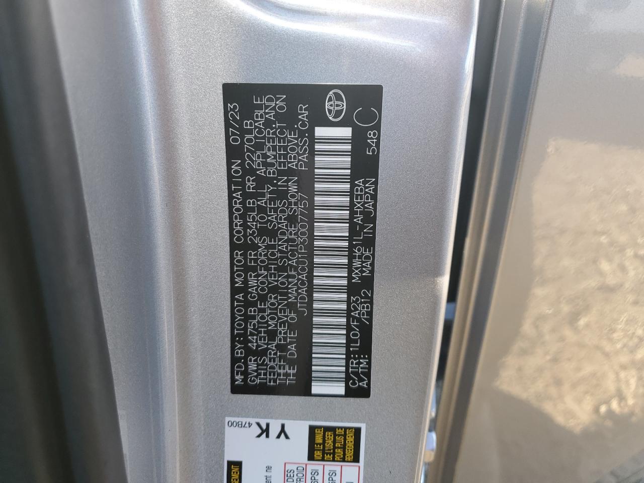 2023 TOYOTA PRIUS PRIME SE VIN:JTDACACU1P3007757