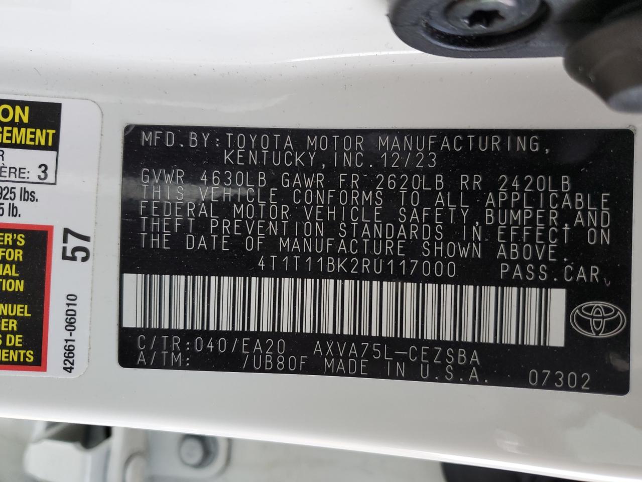 2024 TOYOTA CAMRY SE NIGHT SHADE VIN:4T1T11BK2RU117000