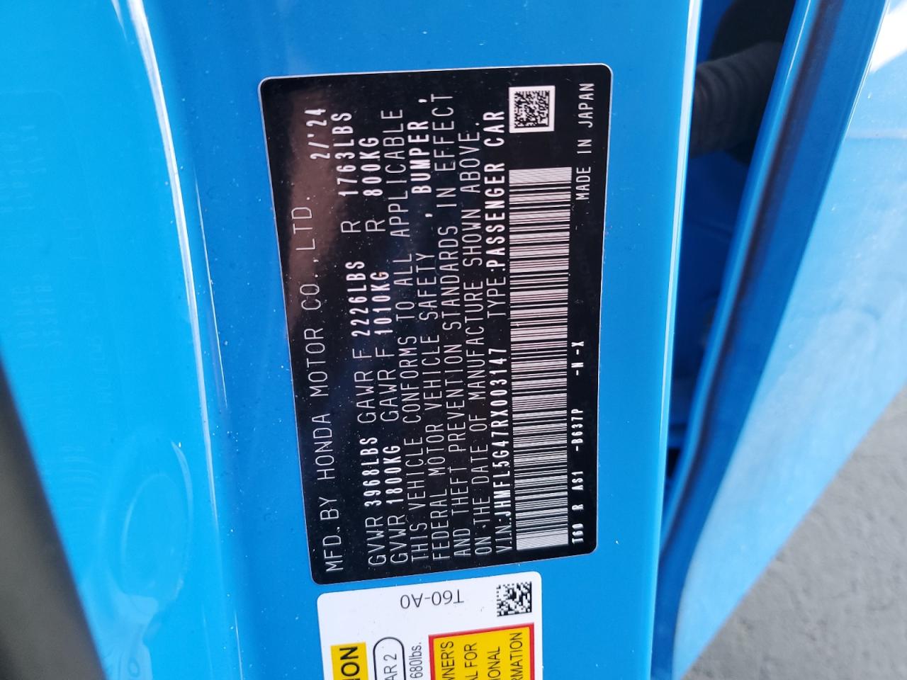 2024 HONDA CIVIC TYPE-R VIN:JHMFL5G47RX003147