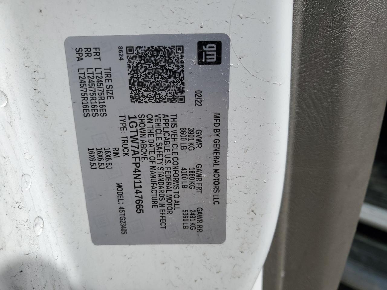 2022 GMC SAVANA G2500 VIN:1GTW7AFP4N1147665