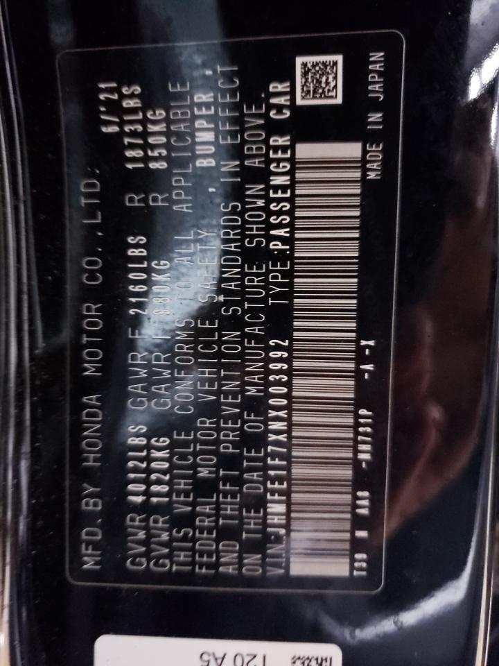 2022 HONDA CIVIC EX VIN:JHMFE1F7XNX003992