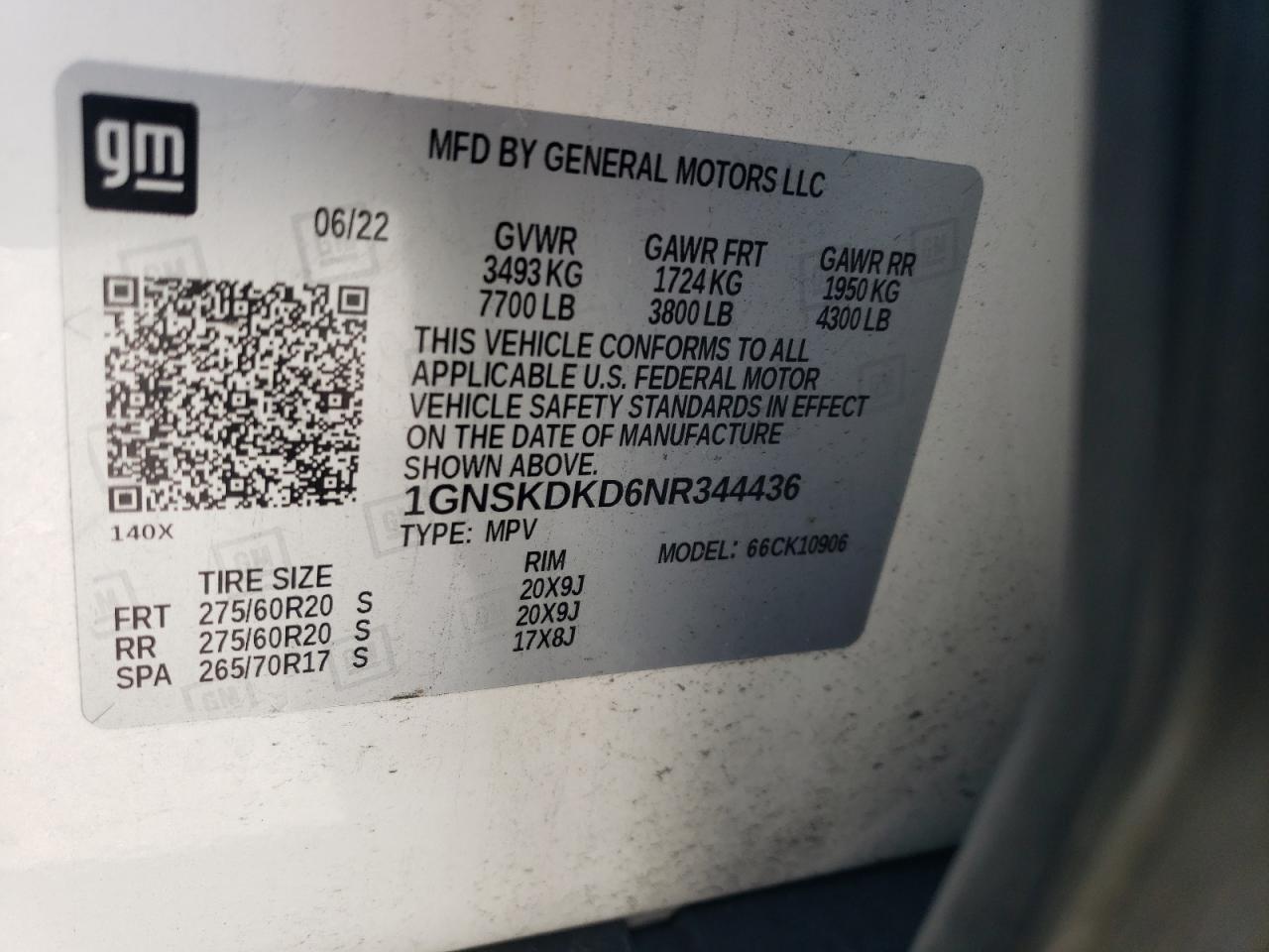 2022 CHEVROLET SUBURBAN K1500 Z71 VIN:1GNSKDKD6NR344436