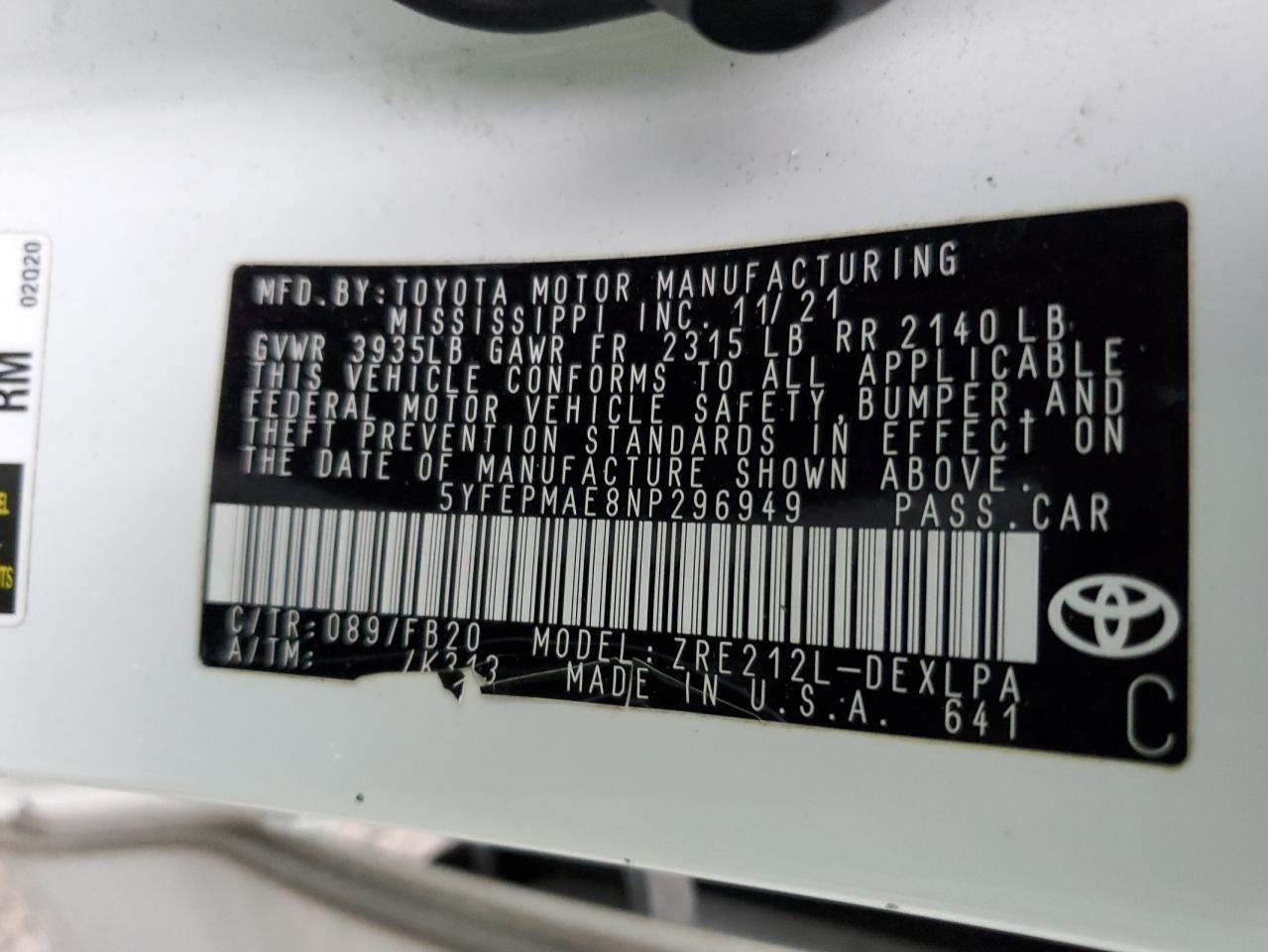 2022 TOYOTA COROLLA LE VIN:5YFEPMAE8NP296949