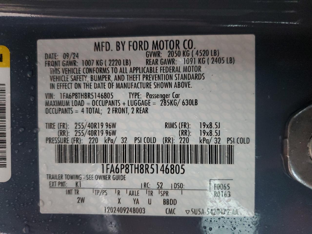 2024 FORD MUSTANG VIN:1FA6P8TH8R5146805