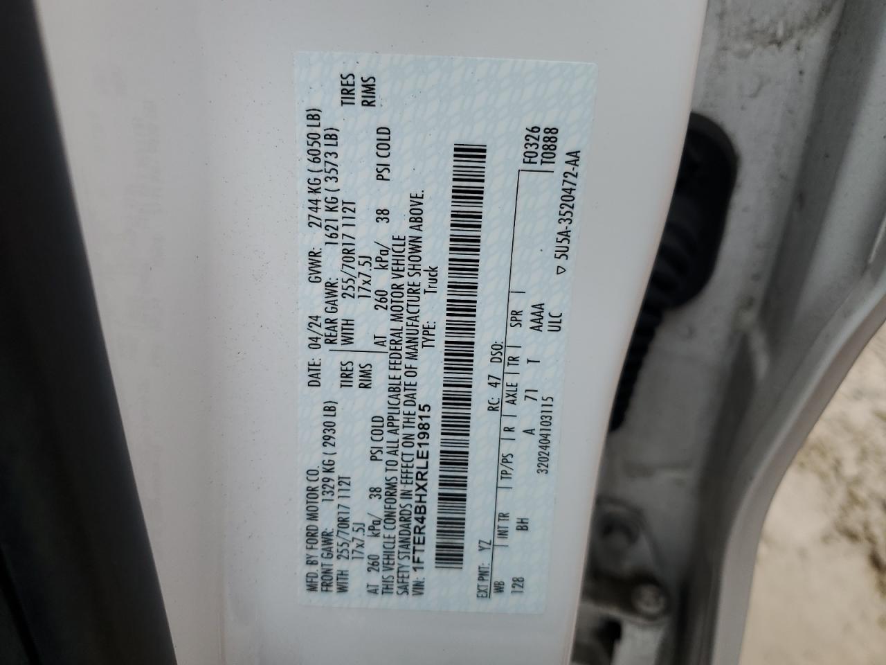 2024 FORD RANGER XL VIN:1FTER4BHXRLE19815