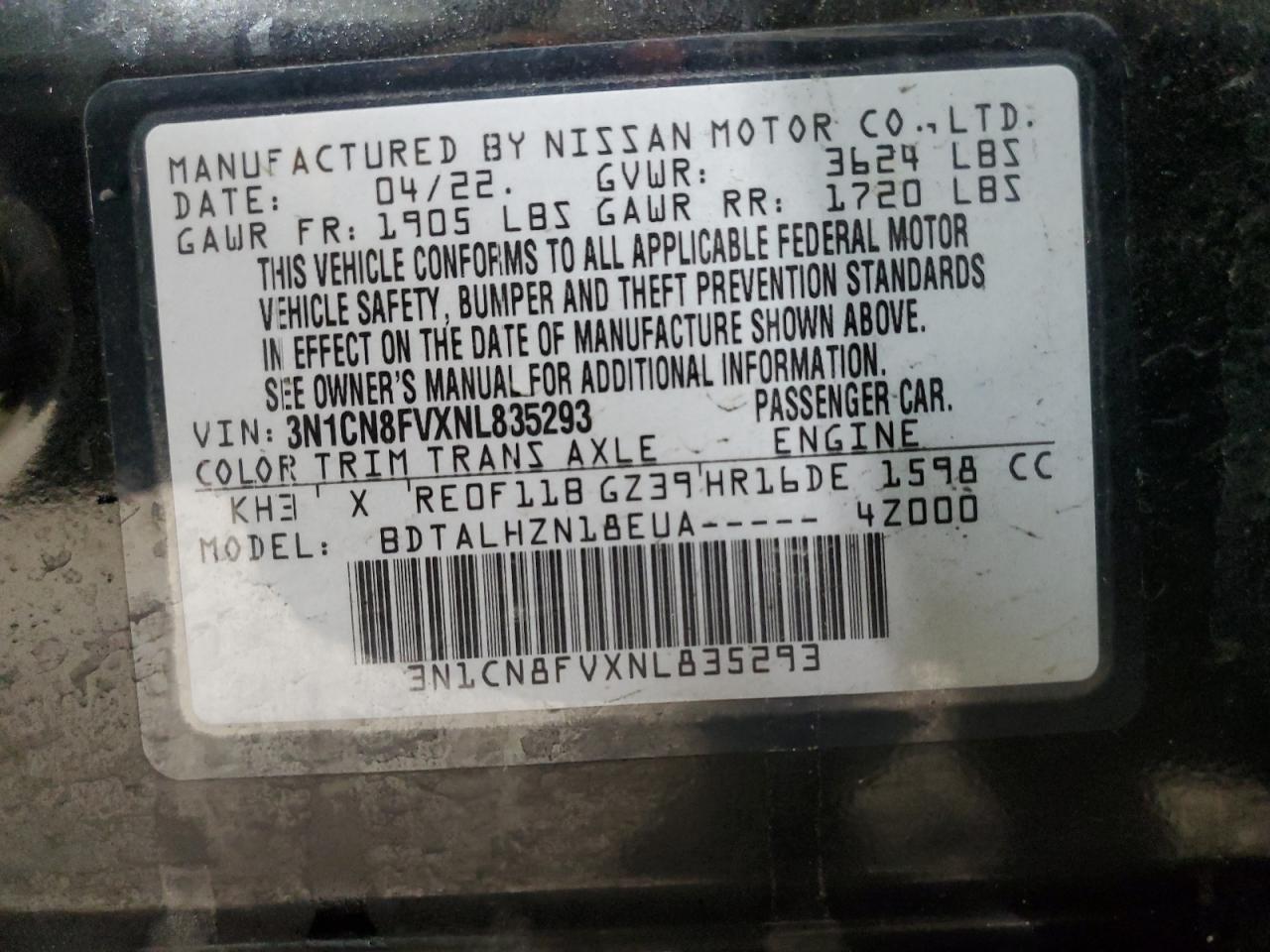 2022 NISSAN VERSA SR VIN:3N1CN8FVXNL835293