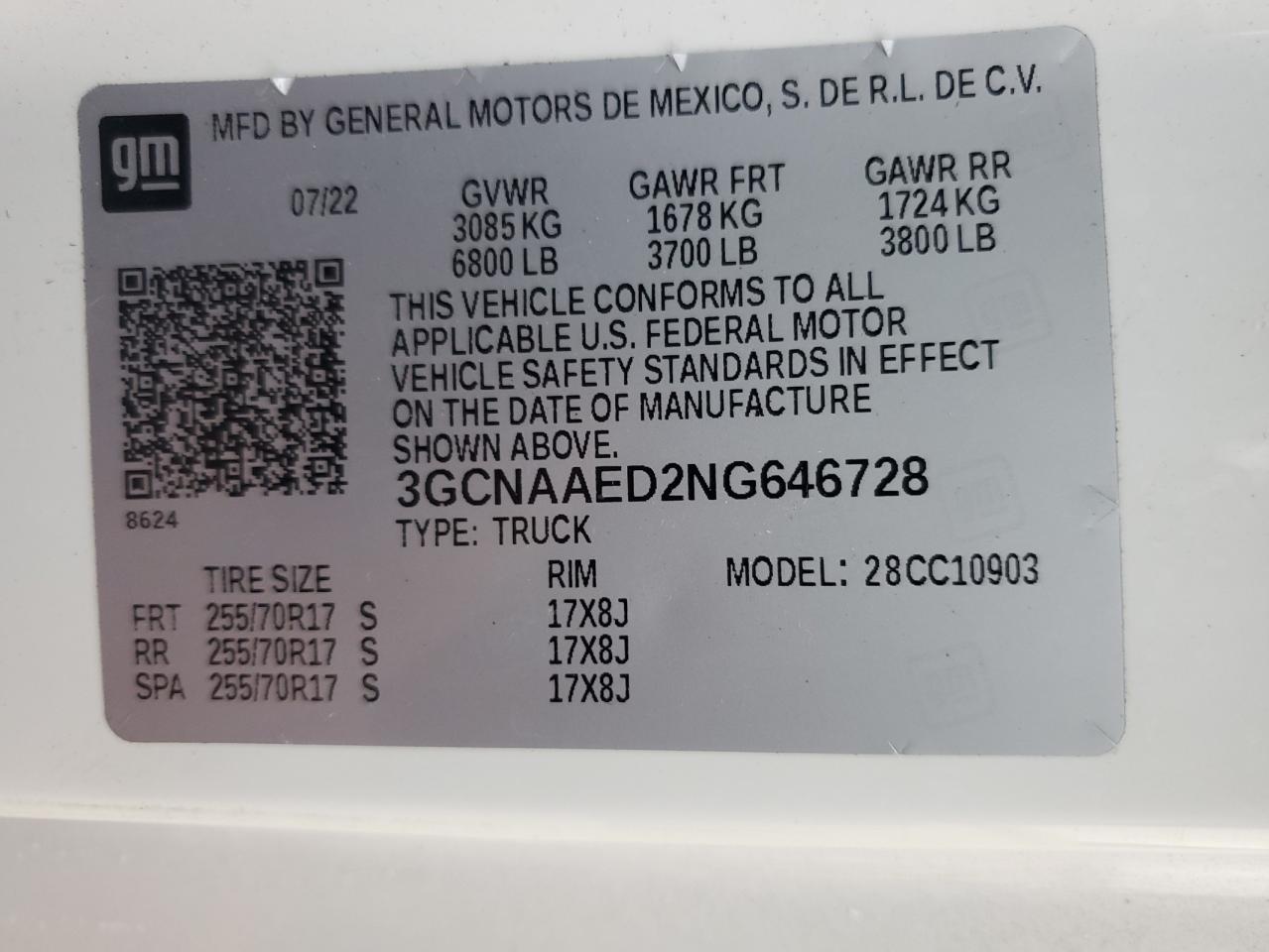 2022 CHEVROLET SILVERADO C1500 VIN:3GCNAAED2NG646728