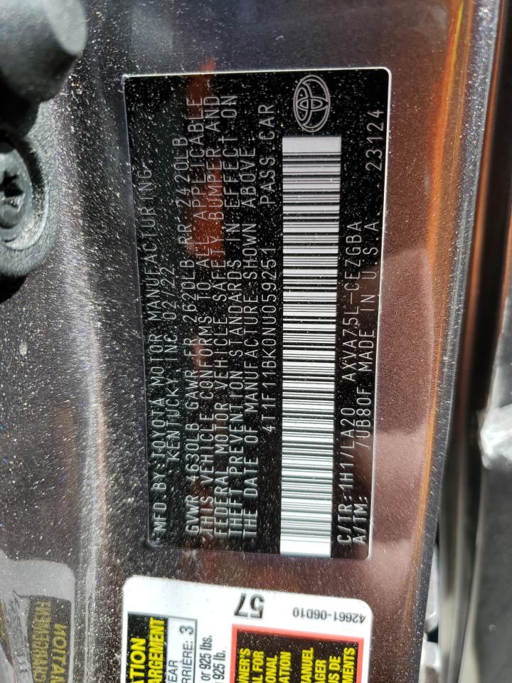 2022 TOYOTA CAMRY XLE VIN:4T1F11BK0NU059251