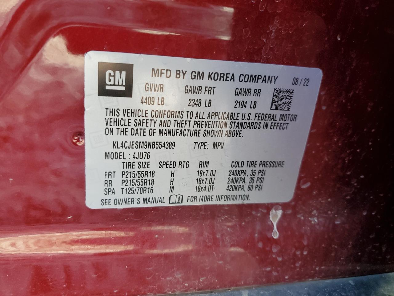 2022 BUICK ENCORE PREFERRED VIN:KL4CJESM9NB554389