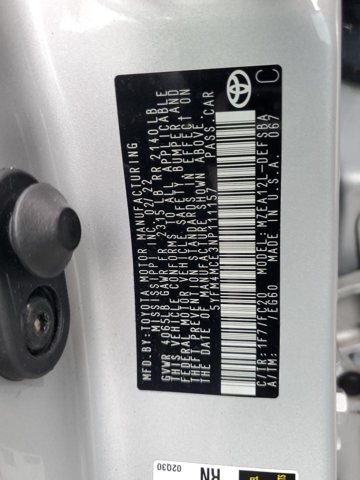 2022 TOYOTA COROLLA SE VIN:5YFM4MCE3NP111157