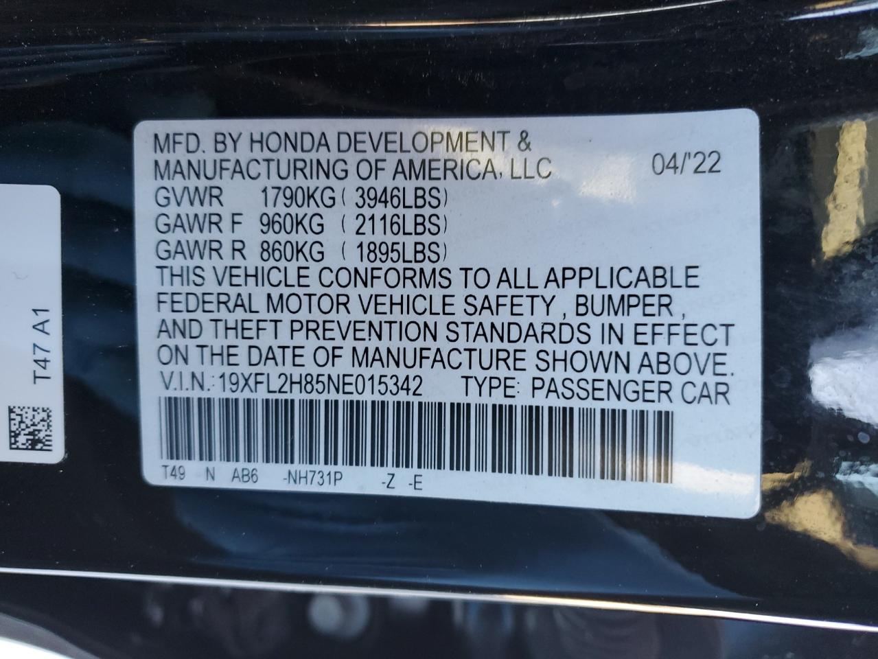 2022 HONDA CIVIC SPORT VIN:19XFL2H85NE015342