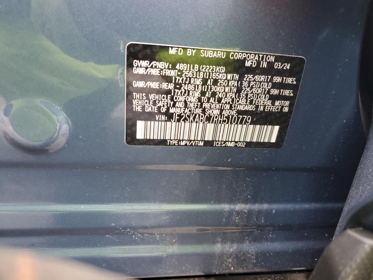 2024 SUBARU FORESTER VIN:JF2SKABC7RH510779