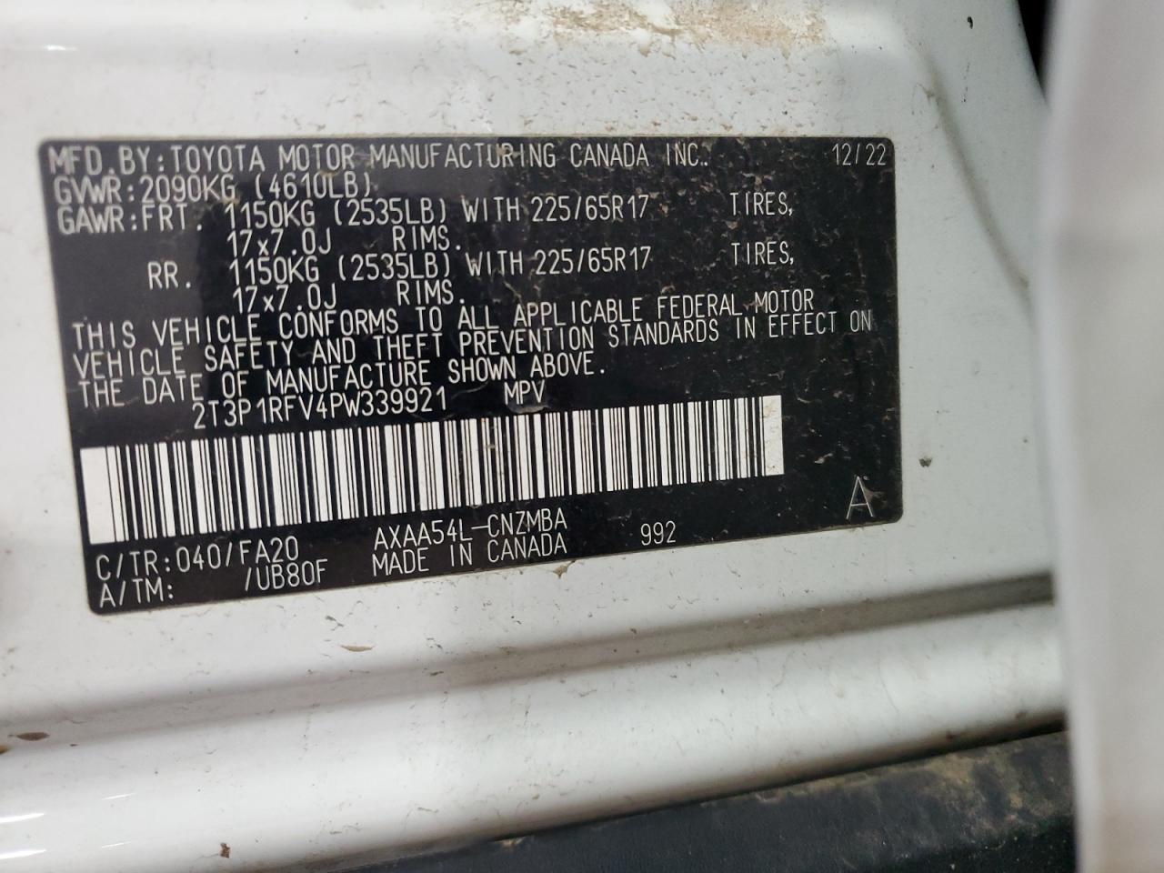 2023 TOYOTA RAV4 XLE VIN:2T3P1RFV4PW339921