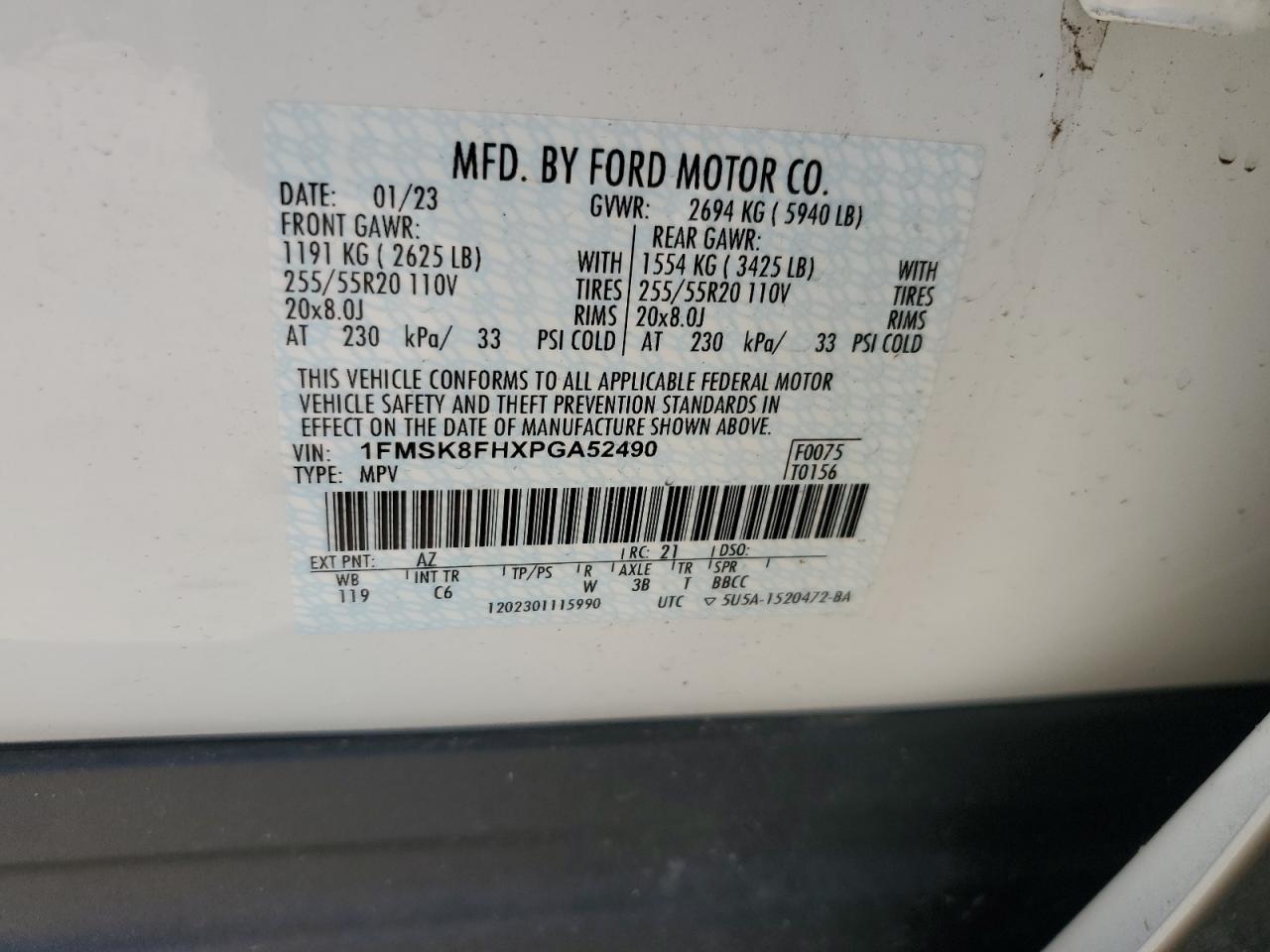 2023 FORD EXPLORER LIMITED VIN:1FMSK8FHXPGA52490