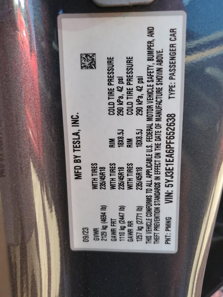 2023 TESLA MODEL 3 VIN:5YJ3E1EA6PF652638