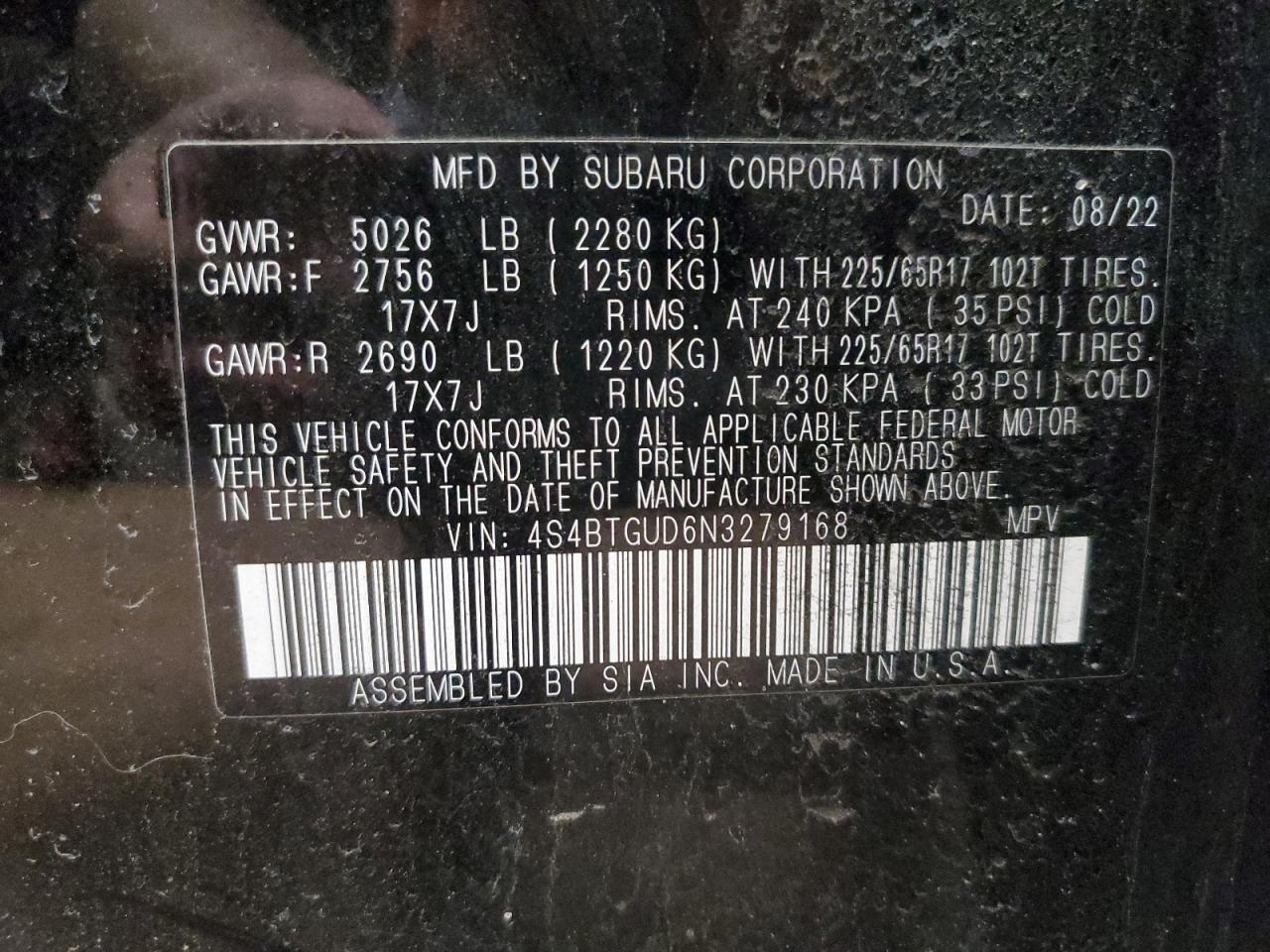 2022 SUBARU OUTBACK WILDERNESS VIN:4S4BTGUD6N3279168