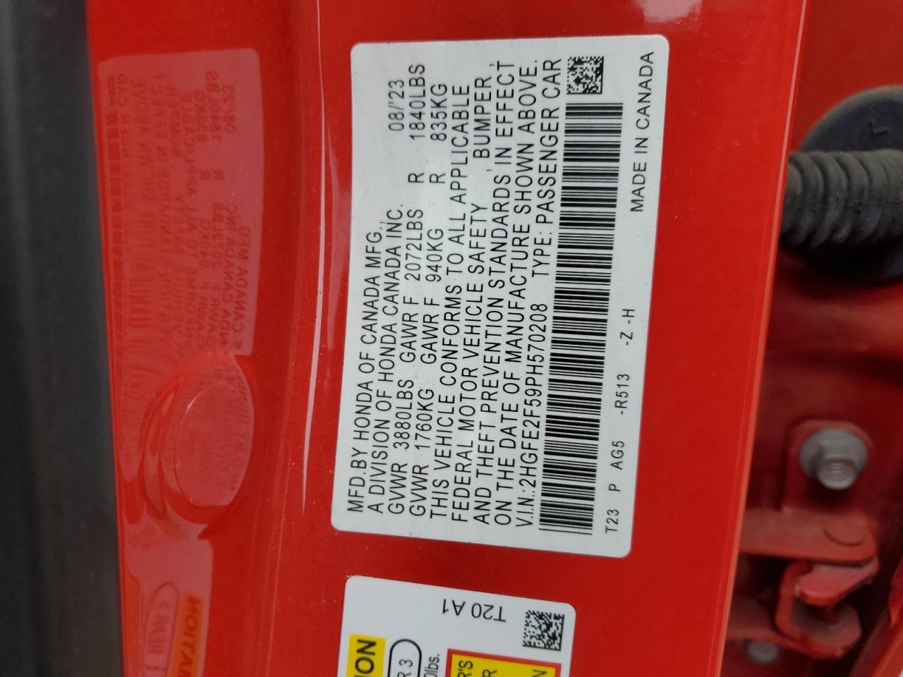 2023 HONDA CIVIC SPORT VIN:2HGFE2F59PH570208