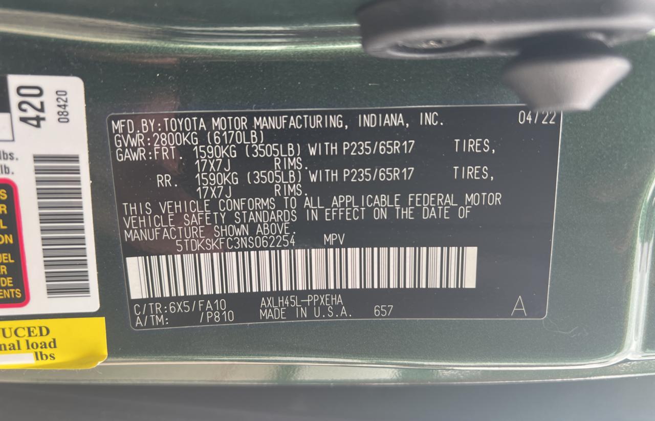 2022 TOYOTA SIENNA LE VIN:5TDKSKFC3NS062254