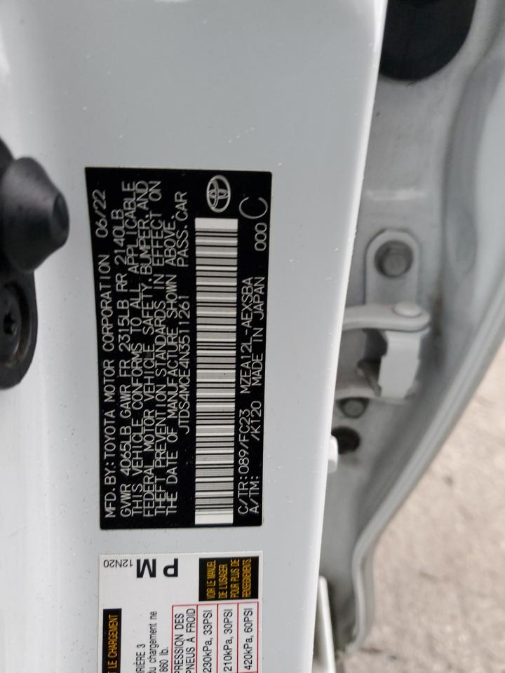 2022 TOYOTA COROLLA SE VIN:JTDS4MCE4N3511261