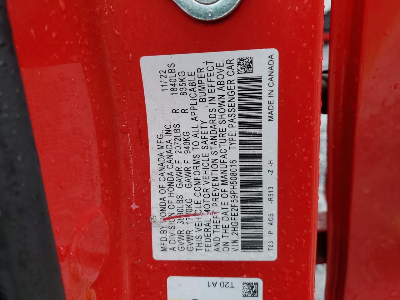 2023 HONDA CIVIC SPORT VIN:2HGFE2F59PH508016