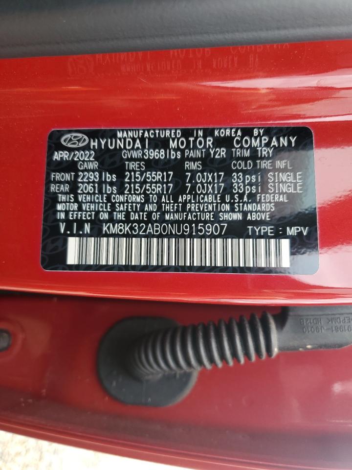 2022 HYUNDAI KONA SEL VIN:KM8K32AB0NU915907