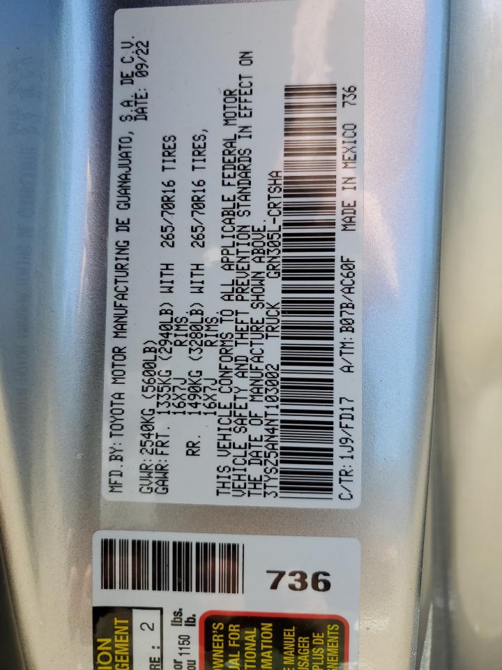 2022 TOYOTA TACOMA ACCESS CAB VIN:3TYSZ5AN4NT103002