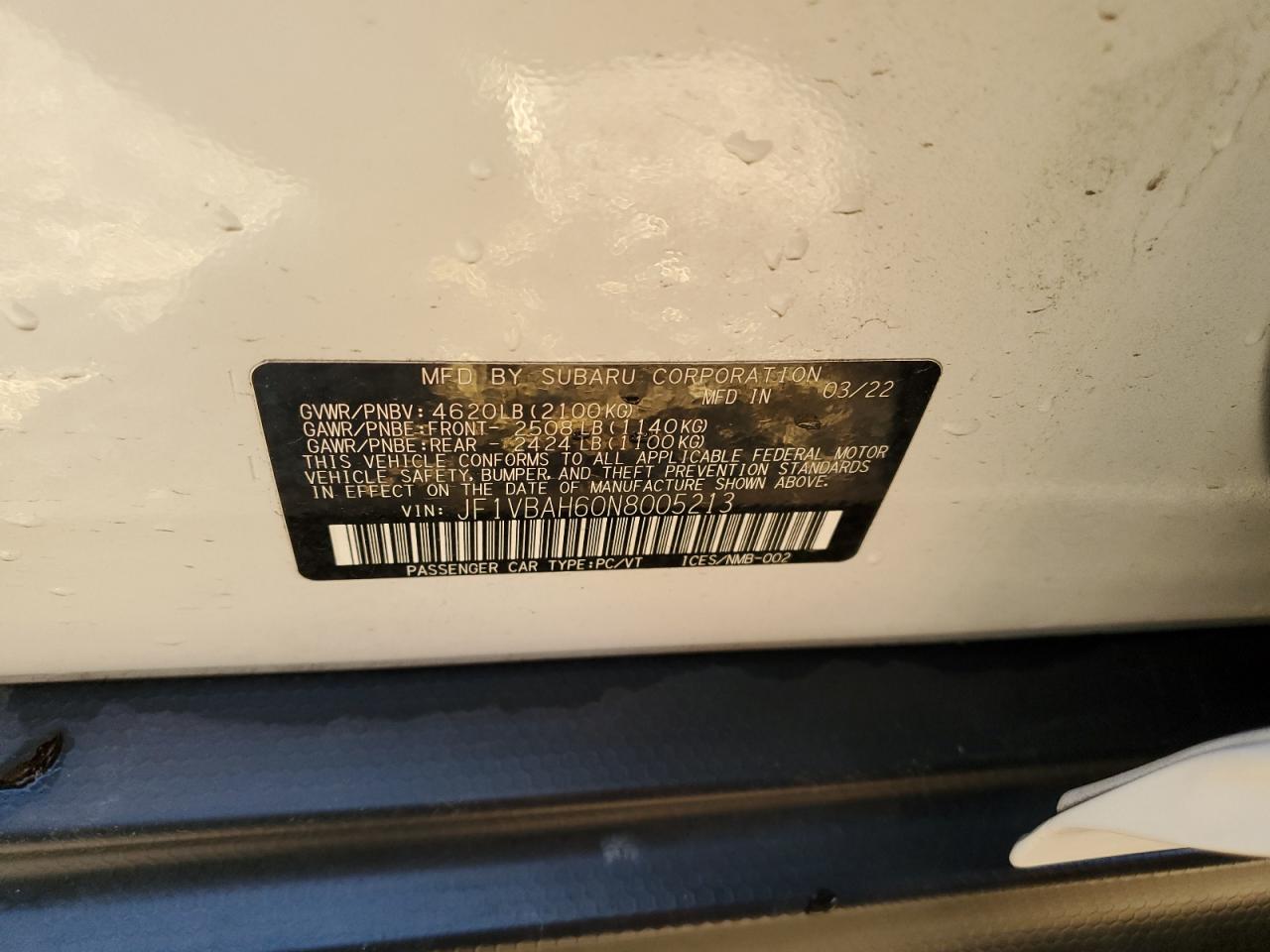 2022 SUBARU WRX PREMIUM VIN:JF1VBAH60N8005213