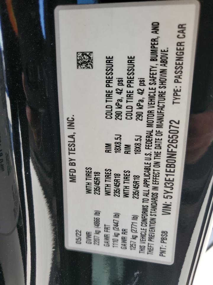 2022 TESLA MODEL 3 VIN:5YJ3E1EB0NF265072