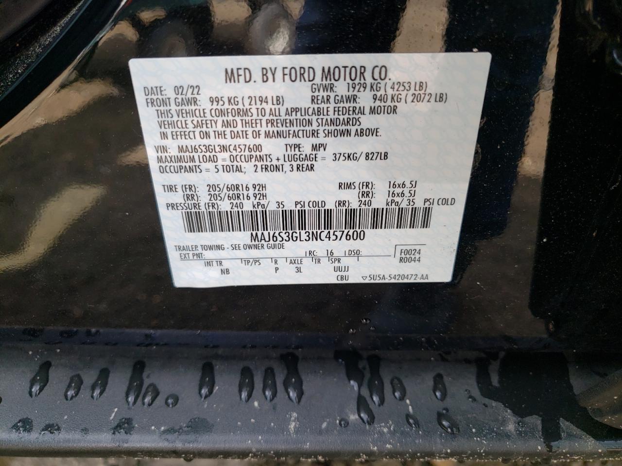 2022 FORD ECOSPORT SE VIN:MAJ6S3GL3NC457600