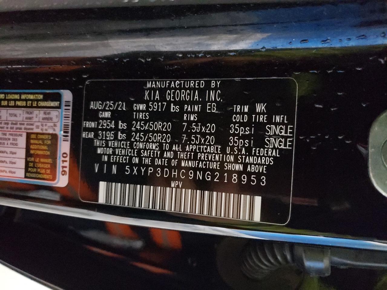 2022 KIA TELLURIDE EX VIN:5XYP3DHC9NG218953