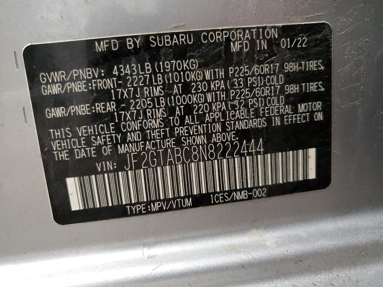2022 SUBARU CROSSTREK VIN:JF2GTABC8N8222444