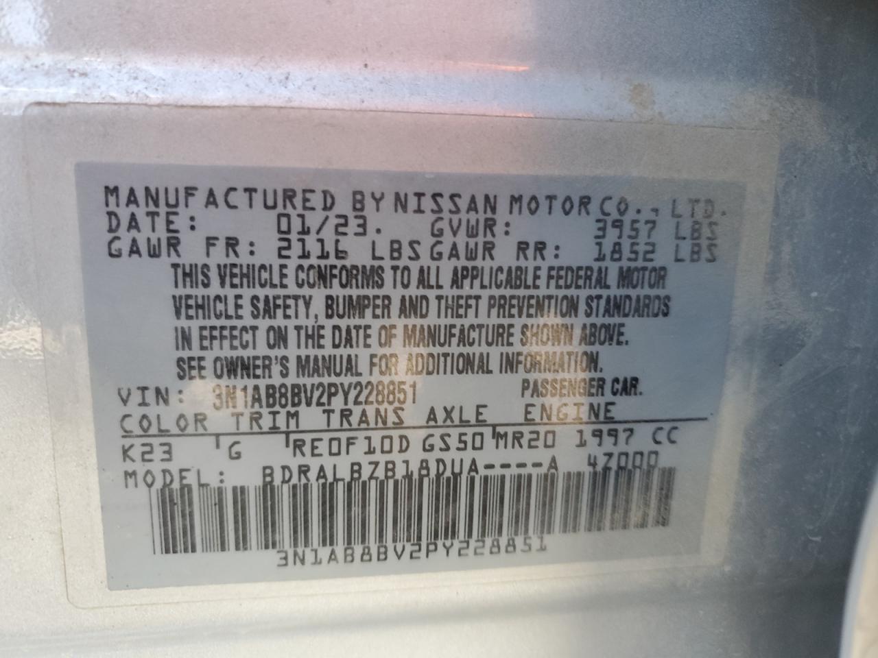 2023 NISSAN SENTRA S VIN:3N1AB8BV2PY228851