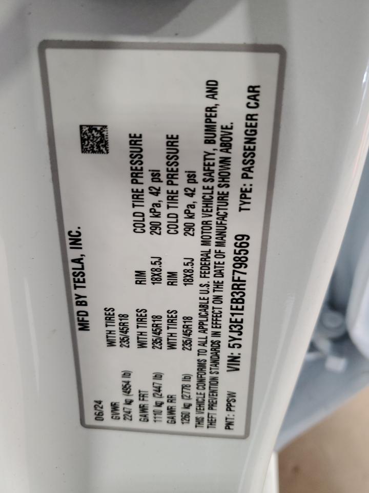 2024 TESLA MODEL 3 VIN:5YJ3E1EB3RF798569