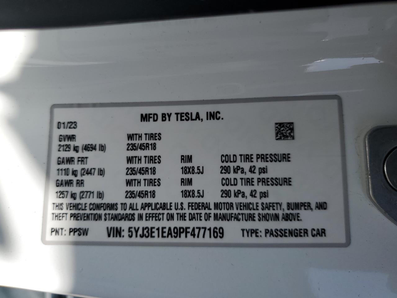 2023 TESLA MODEL 3 VIN:5YJ3E1EA9PF477169