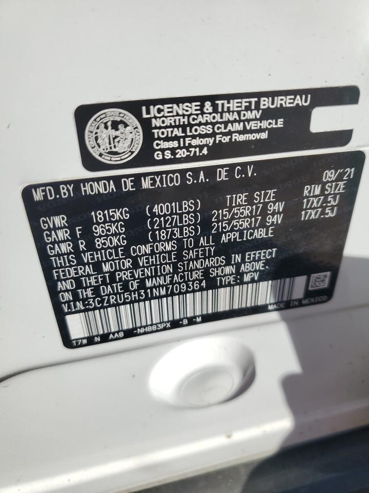 2022 HONDA HR-V LX VIN:3CZRU5H31NM709364