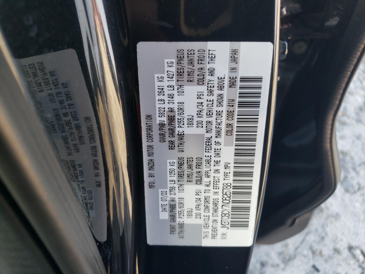 2022 MAZDA CX-9 TOURING VIN:JM3TCBCY7N0626788