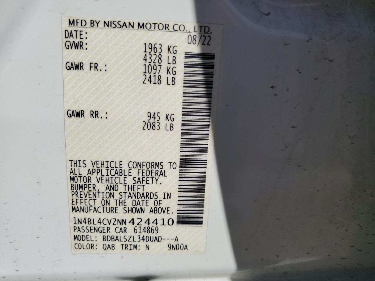 2022 NISSAN ALTIMA SR VIN:1N4BL4CV2NN424410