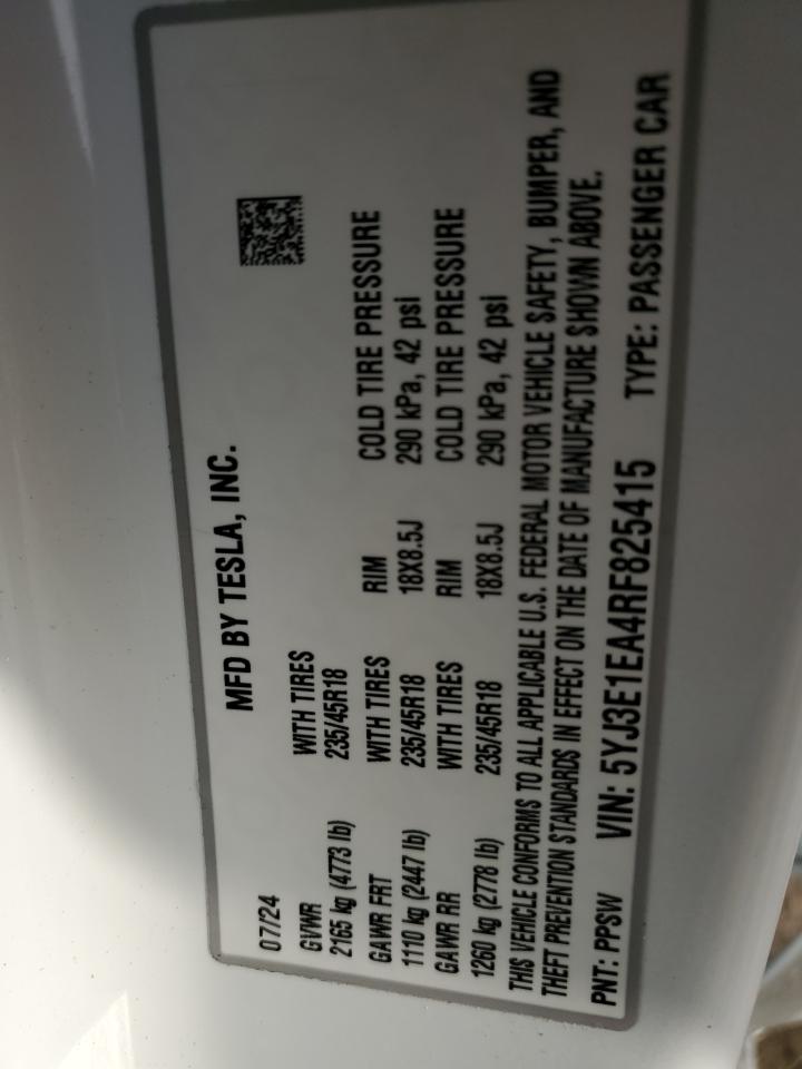 2024 TESLA MODEL 3 VIN:5YJ3E1EA4RF825415