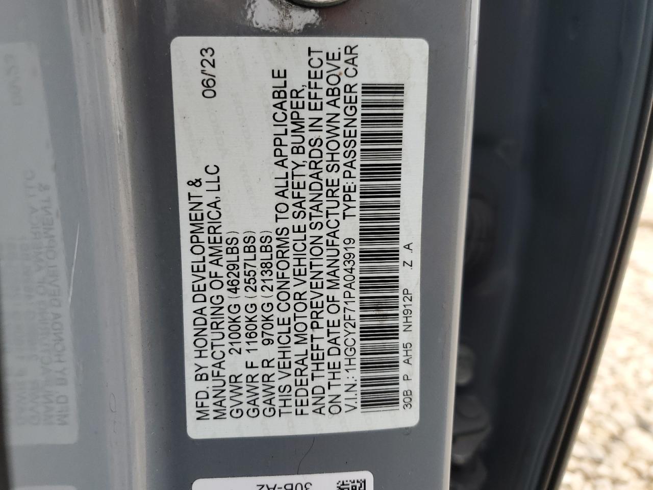 2023 HONDA ACCORD HYBRID SPORT-L VIN:1HGCY2F71PA043919