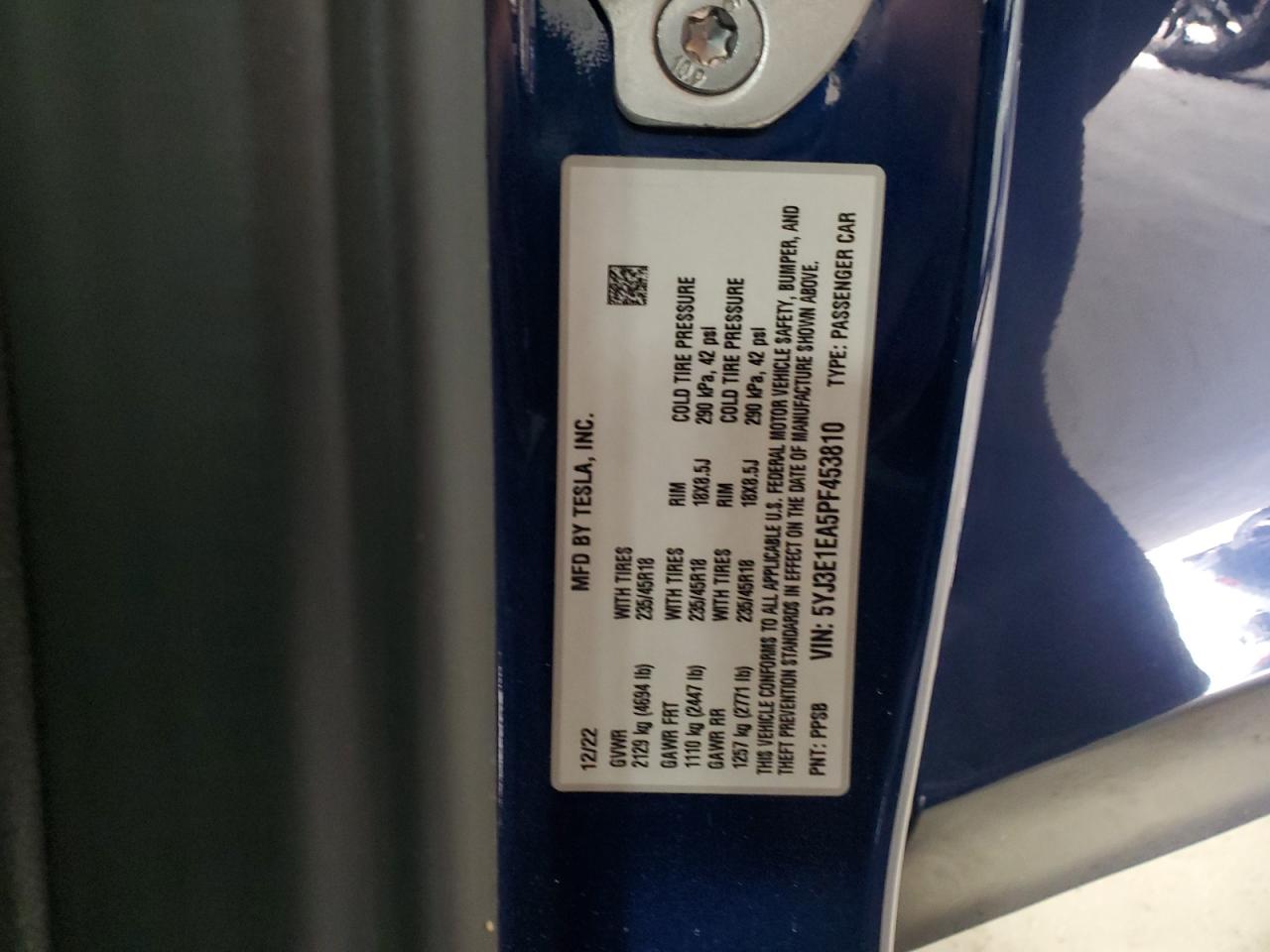2023 TESLA MODEL 3 VIN:5YJ3E1EA5PF453810