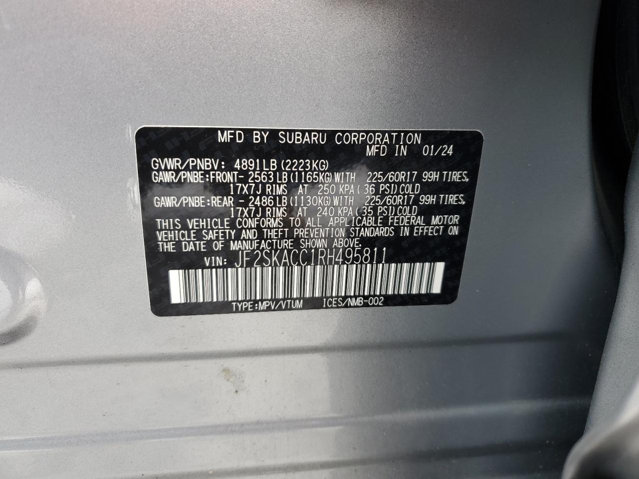 2024 SUBARU FORESTER PREMIUM VIN:JF2SKACC1RH495811