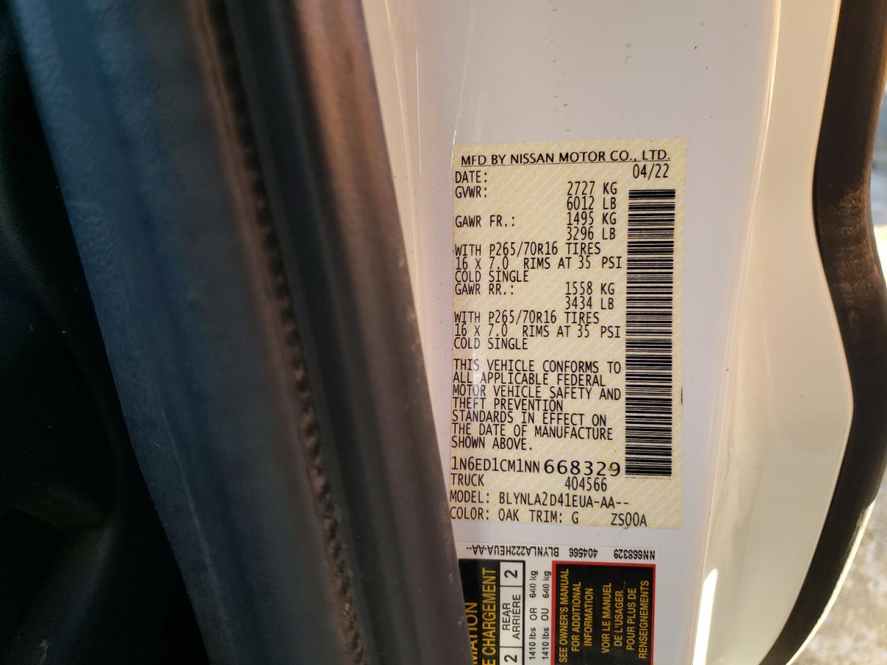 2022 NISSAN FRONTIER S VIN:1N6ED1CM1NN668329