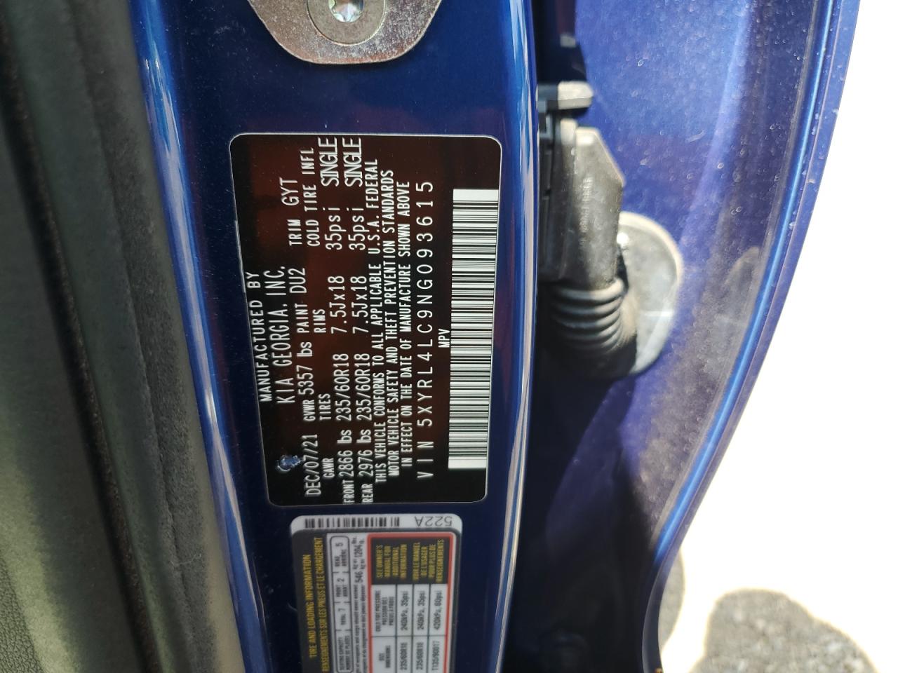 2022 KIA SORENTO S VIN:5XYRL4LC9NG093615
