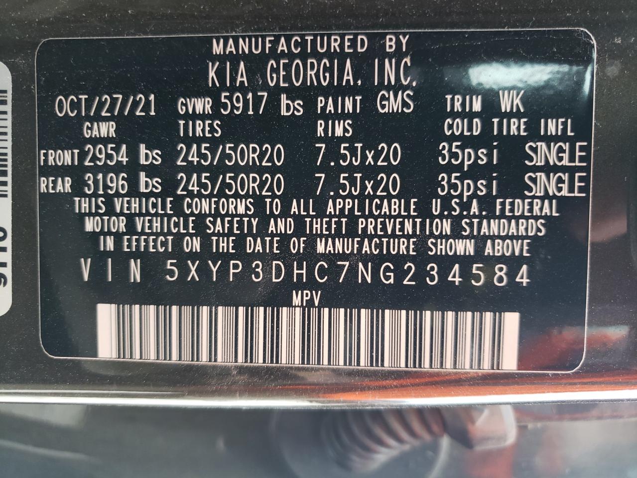 2022 KIA TELLURIDE EX VIN:5XYP3DHC7NG234584